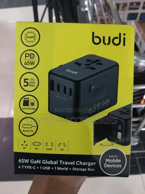 Budi Universal Travel Plug Adapter 65w With Microsd Card Holder.