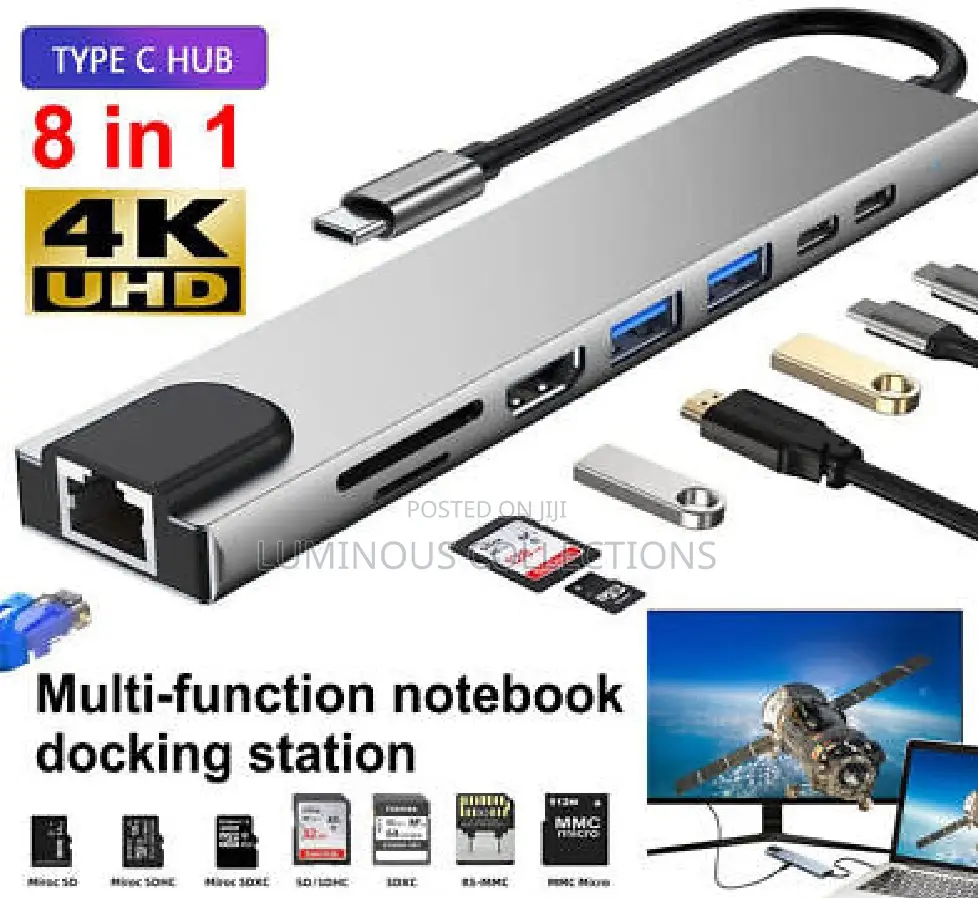 Type C Docking Hub to Hdmi, Network, Usb, 8 in 1