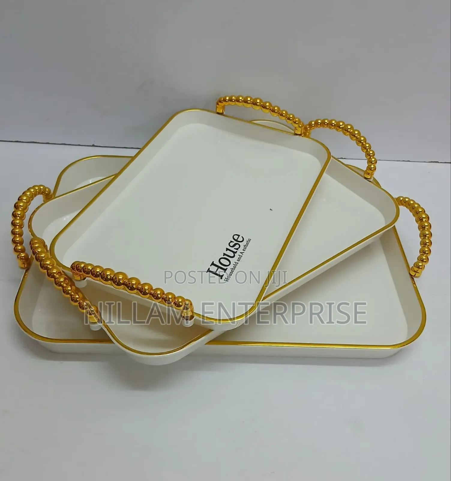3 in 1 Modern Creative Striped Tray With Gold Rimmed Handles
