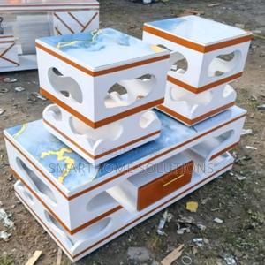 Modern Coffee Table With Glass/Marble Topping With 2 Stools - thumbnail 2