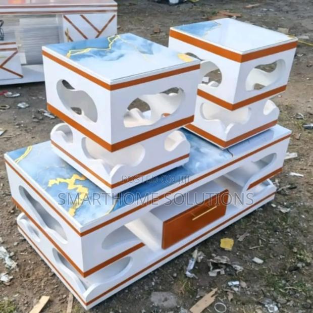 Modern Coffee Table With Glass/Marble Topping With 2 Stools - main view