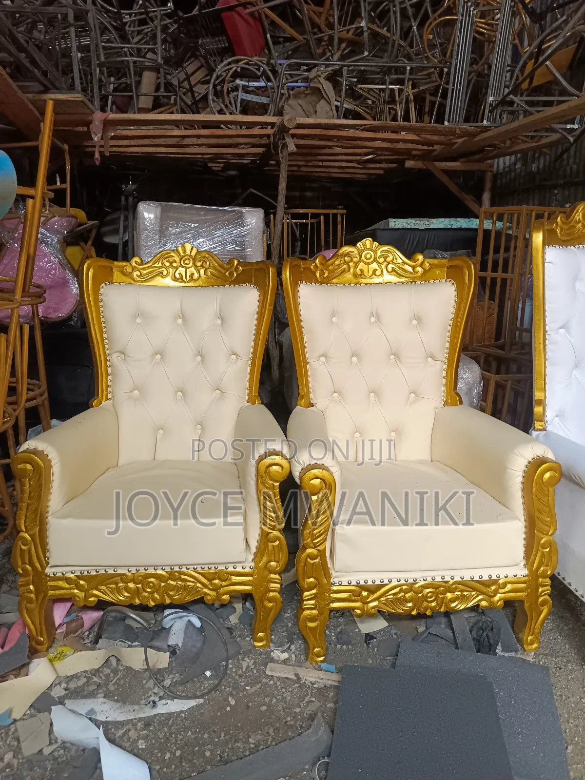 2 King or Queen Chairs, Gold and Cream White 