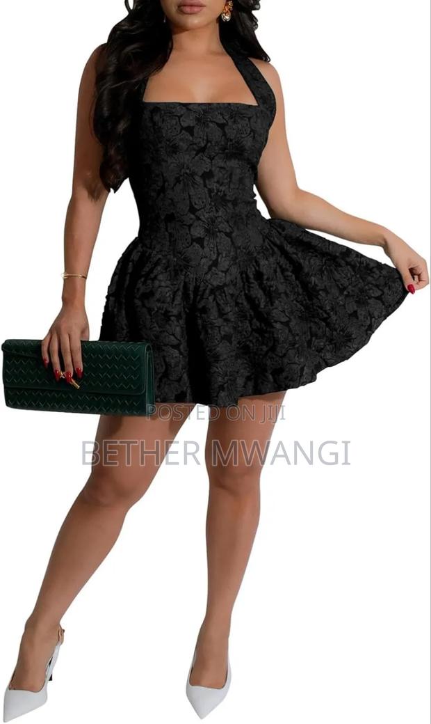 Halter Jacquard Mini A-line Black Dress(Medium) - thumbnail 2