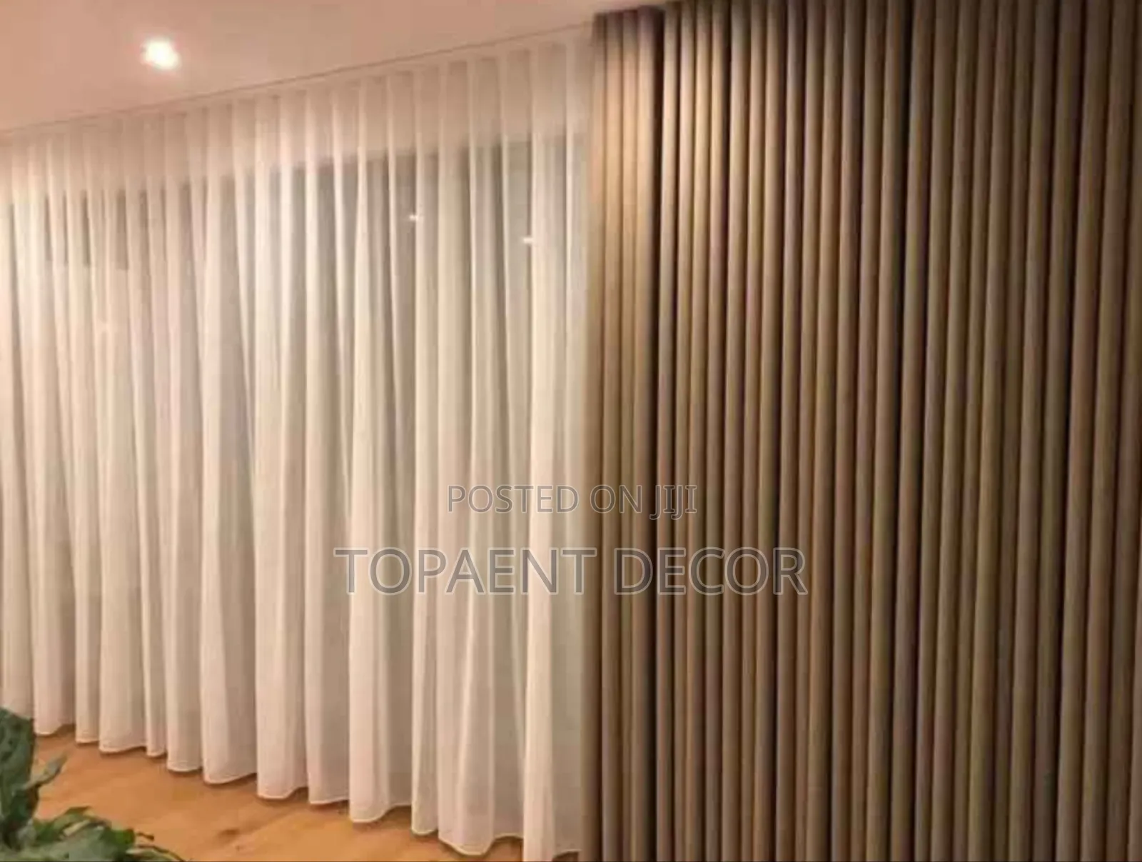 Brown Window Curtains And White Plain Sheers