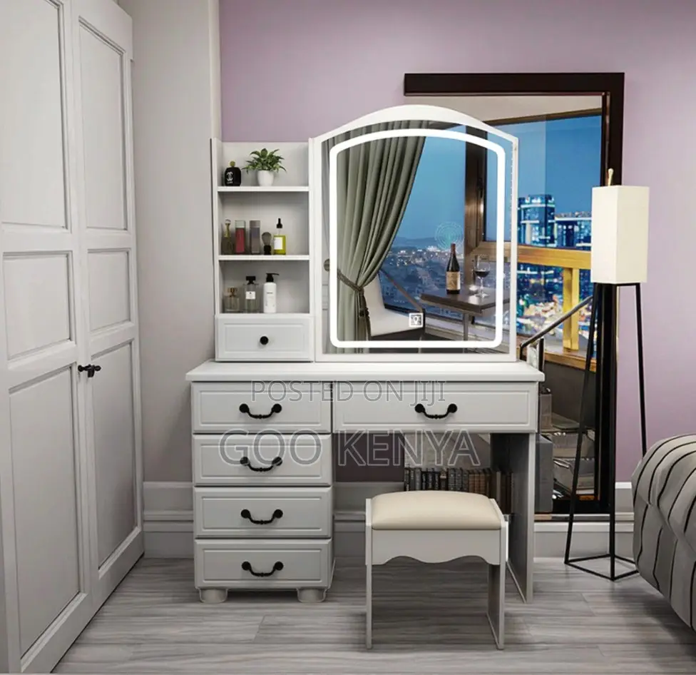 Home Dressing Table Set; Large Capacity Vanity Desk With Panel Mirror