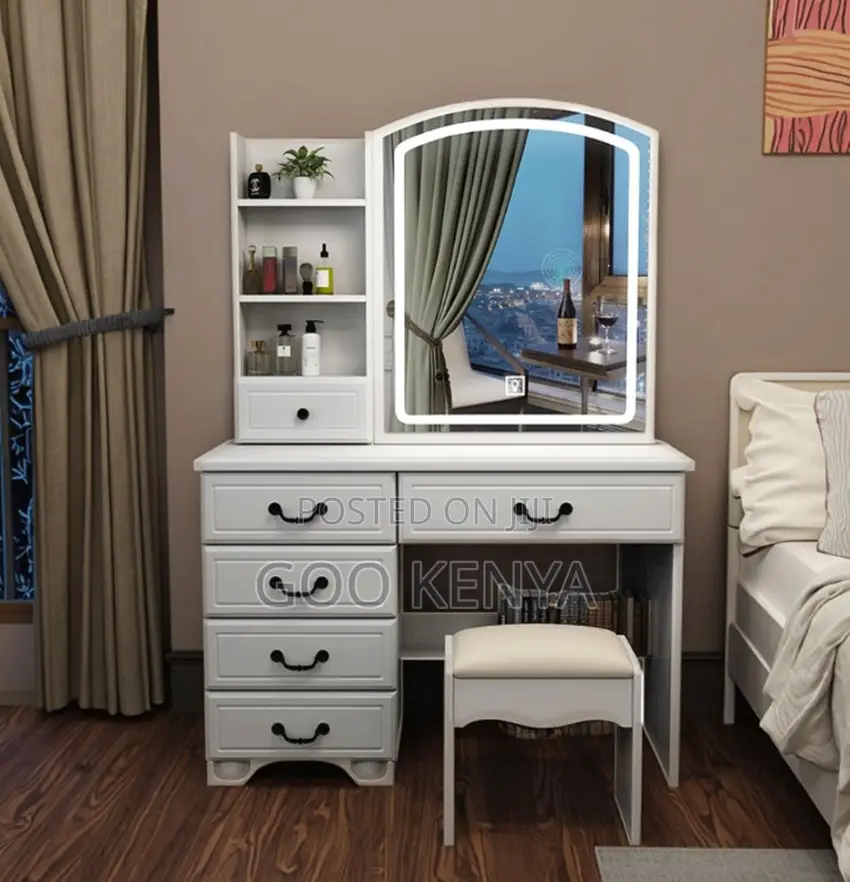 Home Dressing Table Set; Large Capacity Vanity Desk With Panel Mirror