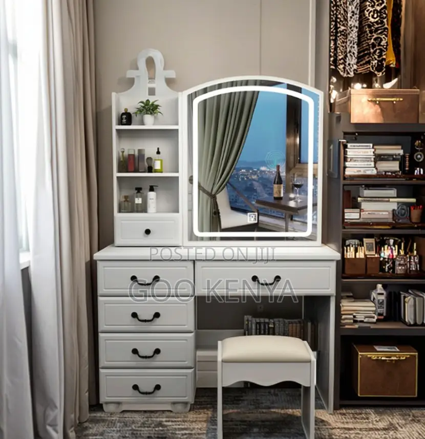 Home Dressing Table Set; Large Capacity Vanity Desk With Panel Mirror
