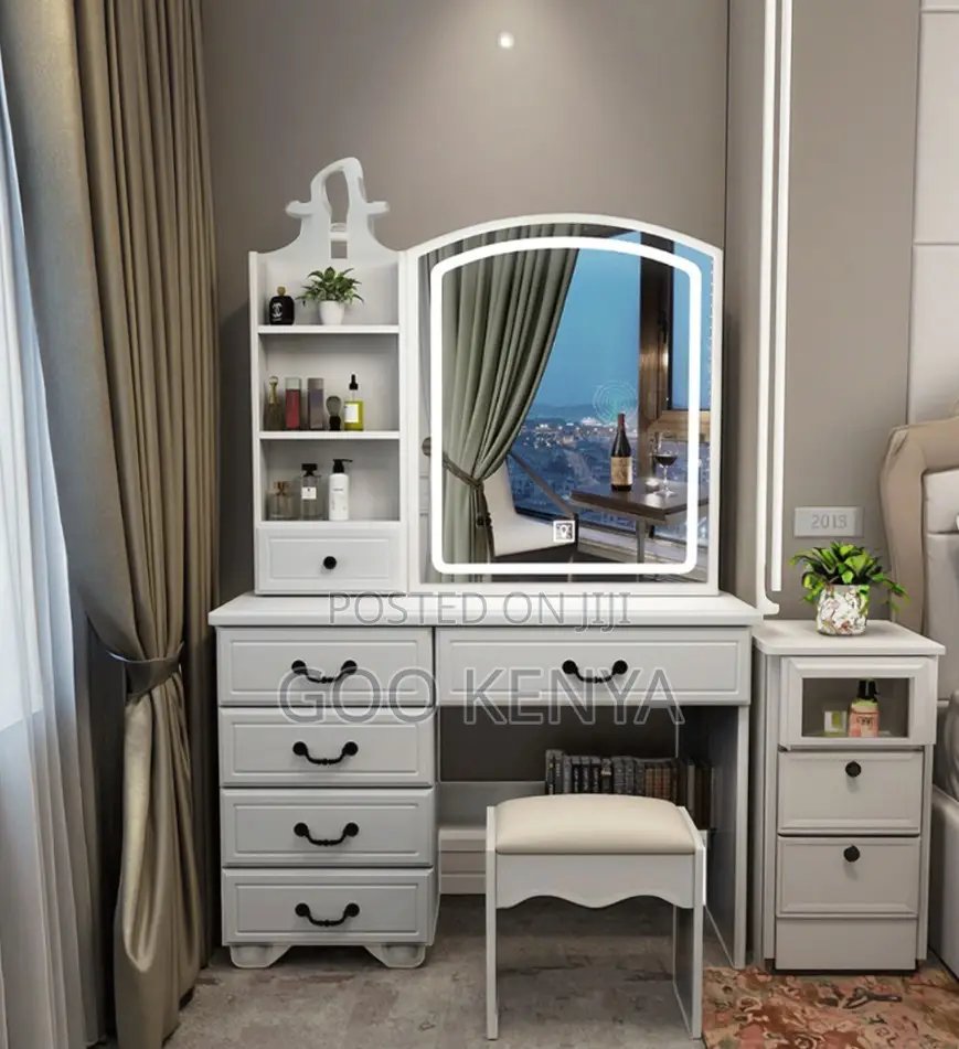 Home Dressing Table Set; Large Capacity Vanity Desk With Panel Mirror