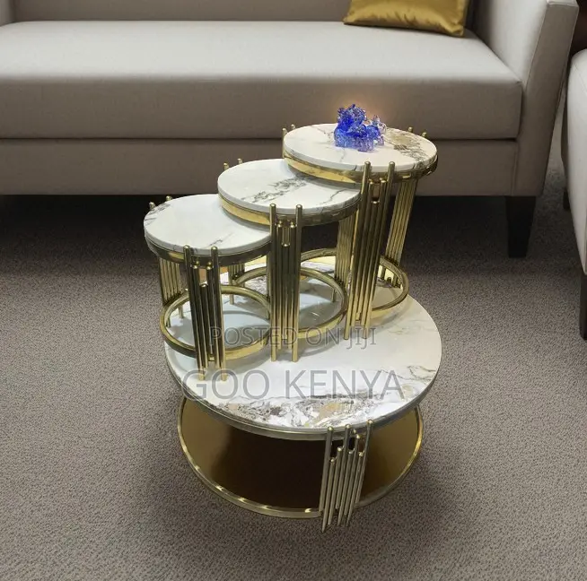Home Table Set; Small Nesting Round Coffee Table With Metallic Finish