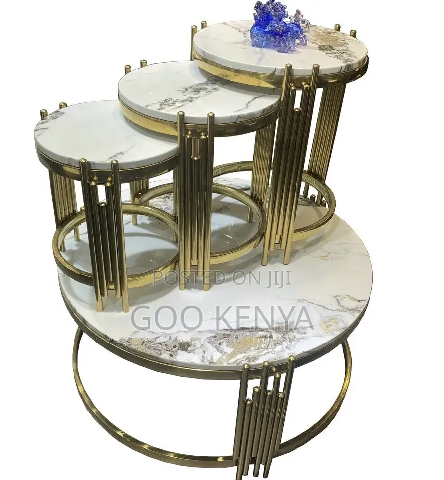 Home Table Set; Small Nesting Round Coffee Table With Metallic Finish