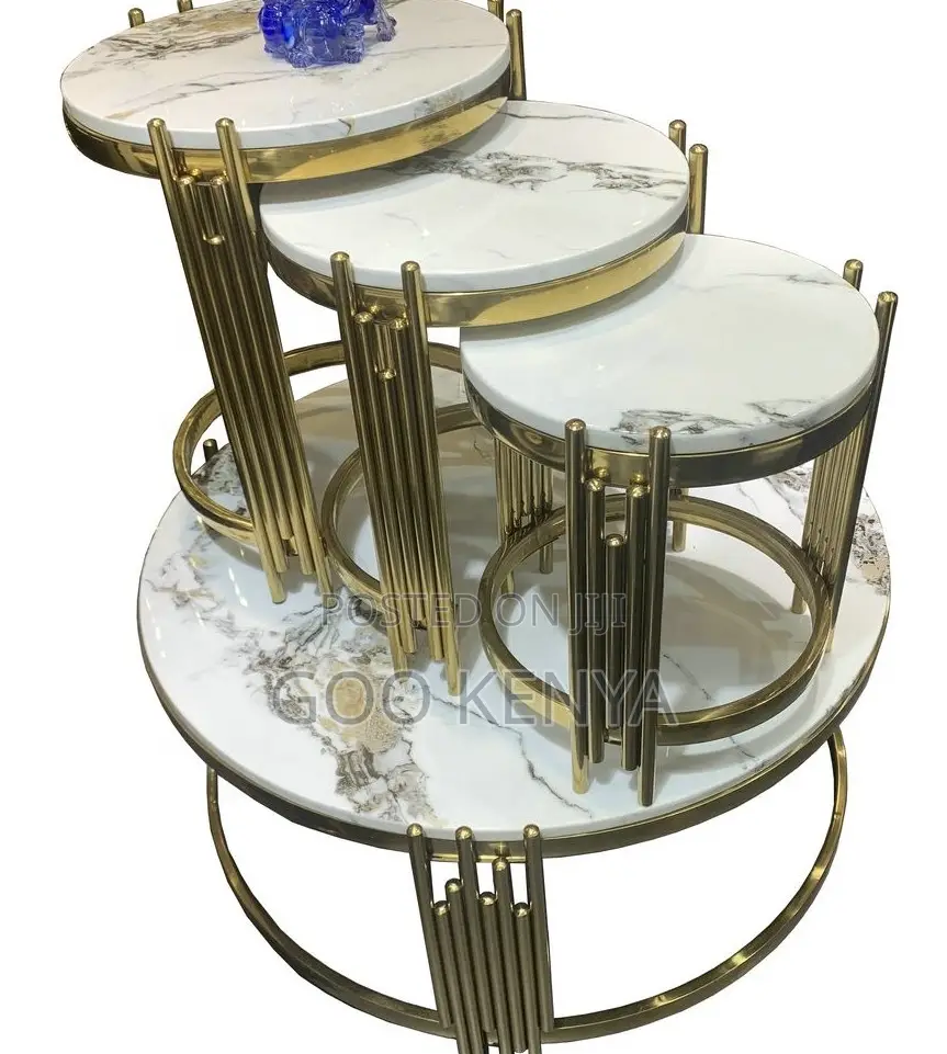 Home Table Set; Small Nesting Round Coffee Table With Metallic Finish