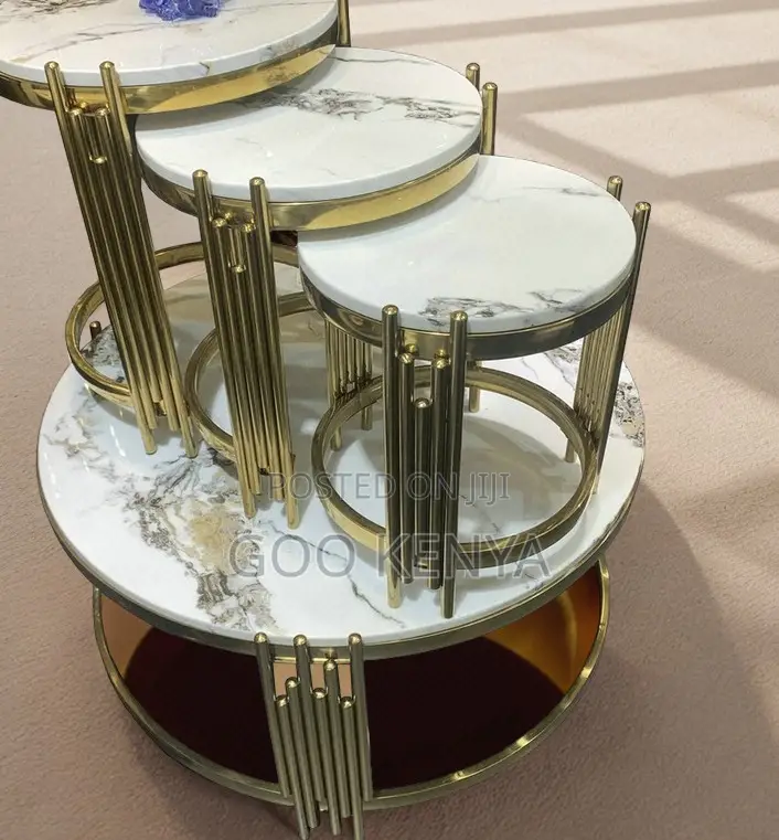 Home Table Set; Small Nesting Round Coffee Table With Metallic Finish