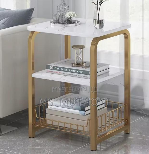 Marble Effect MDF Metal Side Table/ Bedside* (White / Gold ) - main view