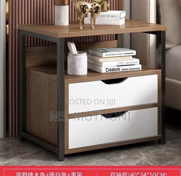 Modern Solid Wood Nightstand With a Metal Frame Shelf, Two Drawers. - main view