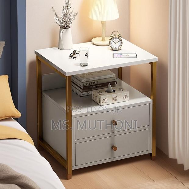 Two -Drawer Nightstand With a White Finish and Gold-Colored Frame. - main view