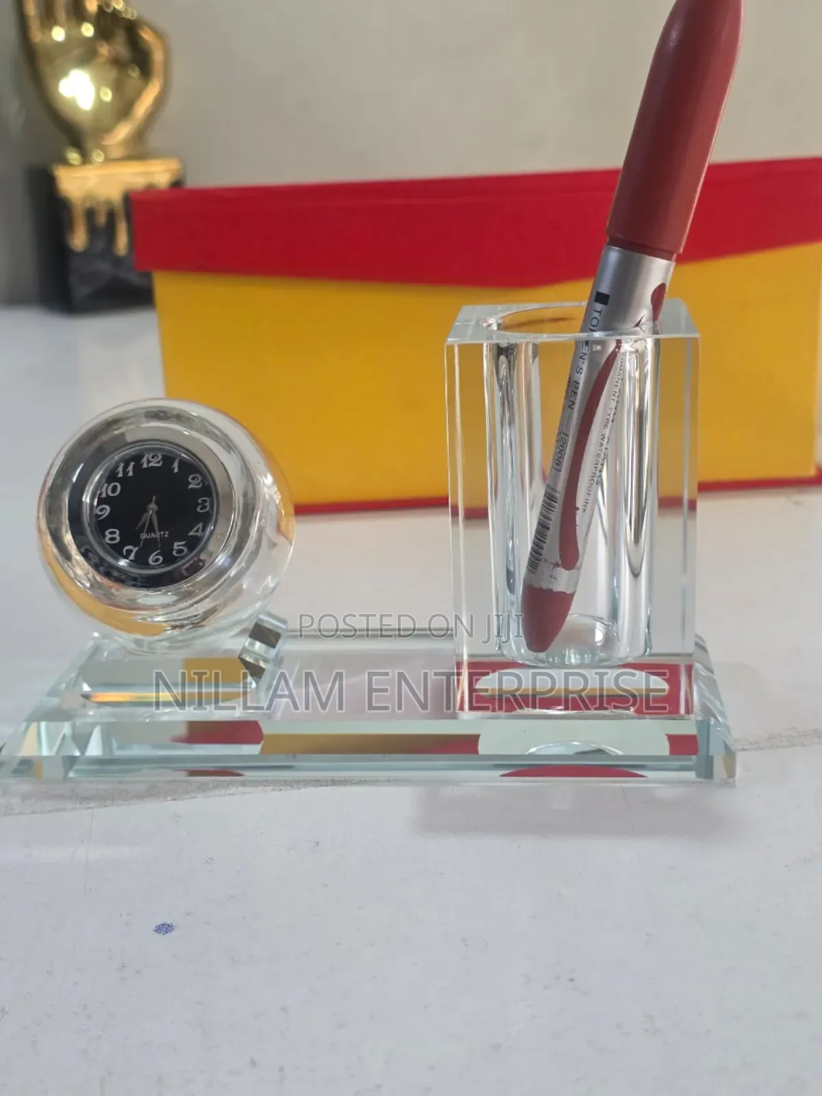 Crystal Glass Desktop Clock Pen Holder Set