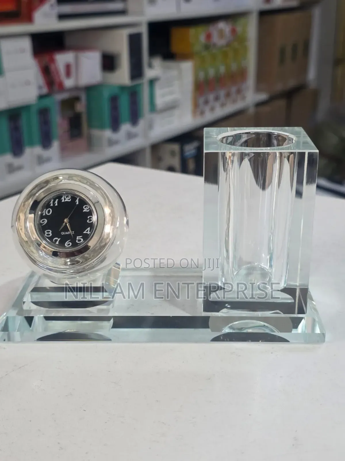 Crystal Glass Desktop Clock Pen Holder Set