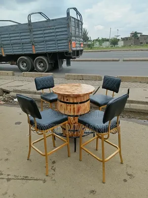 Bar Set, Black and Gold Chairs With Barrel Table 