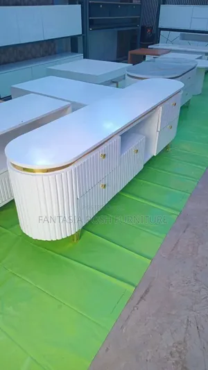 White Curved Tv Stand With Gold Trim