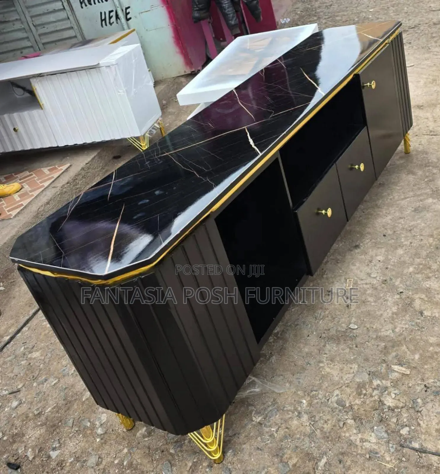 Black Marble-Top Tv Stand With Gold Trim