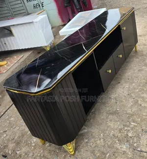 Black Marble-Top Tv Stand With Gold Trim