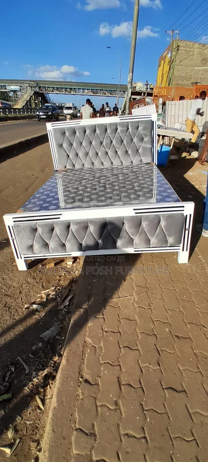 Grey and White Button Tufted Bed Frame