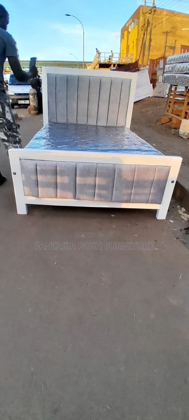 Grey and White Channel Tufted Platform Bed Frame