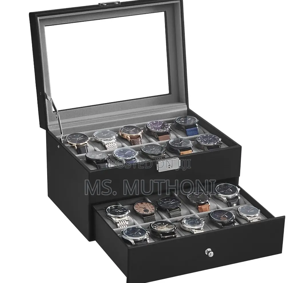 Black Pu Leather 20-Slot Watch Box With a Glass Top a Bottom Drawer.
