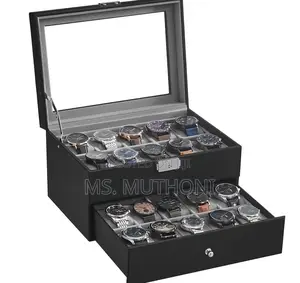 Black Pu Leather 20-Slot Watch Box With a Glass Top a Bottom Drawer.