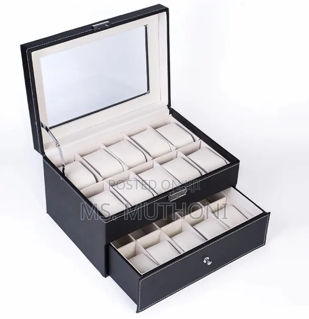Black Pu Leather 20-Slot Watch Box With a Glass Top a Bottom Drawer.
