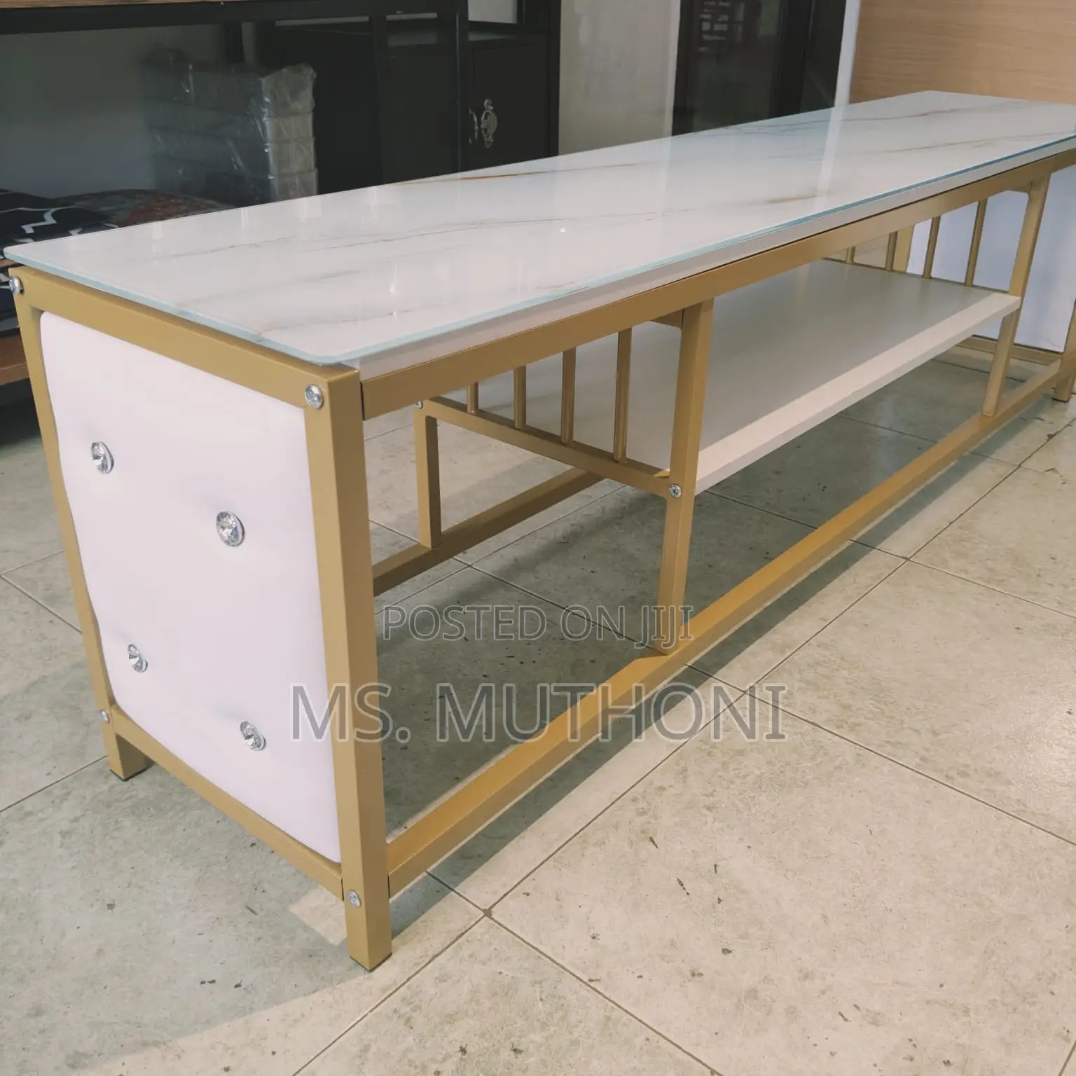 Double Shelf Glass Top Tv Stand With Gold Frame