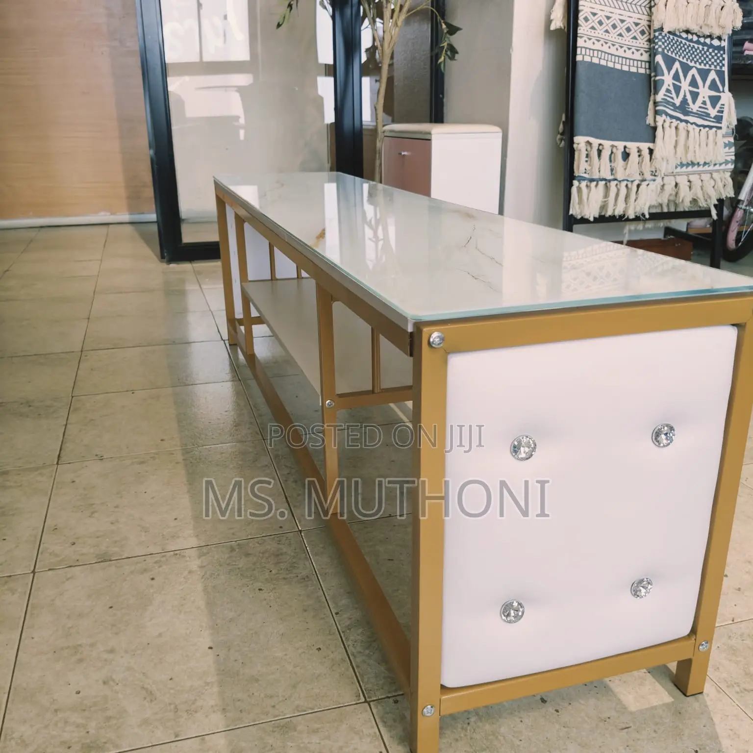 Double Shelf Glass Top Tv Stand With Gold Frame