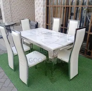 Home Dining Set; Elegant Marble Top Dining Table With 6 Leather Chairs