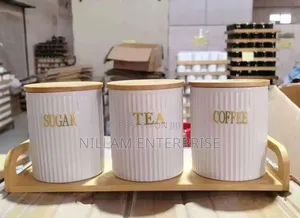 3pc Ceramic Canisters With Bamboo Stand
