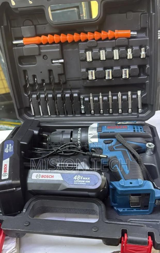Bosch 48v Cordless Drill Set With Accessories in a Carrying Case.