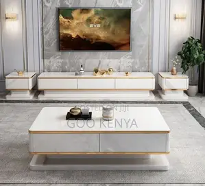 Home Tv Cabinet Table Set; High-End White Gold Tv Console With Table