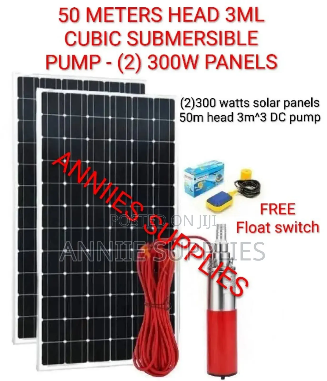 50 Meters Head 1m Cubic Submersible Pump Kit -(2)300w Solar Panels