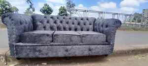 3-Seater Grey Velvet Chesterfield Sofa in Nailhead Trim