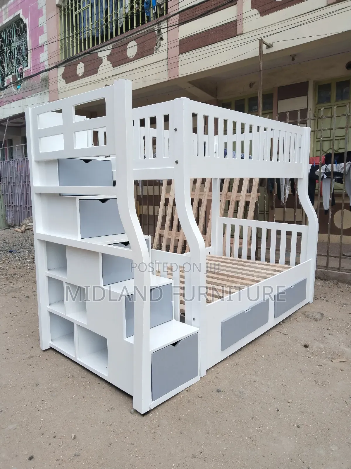 Double Decker Bunk Bed With Storage Shelves.