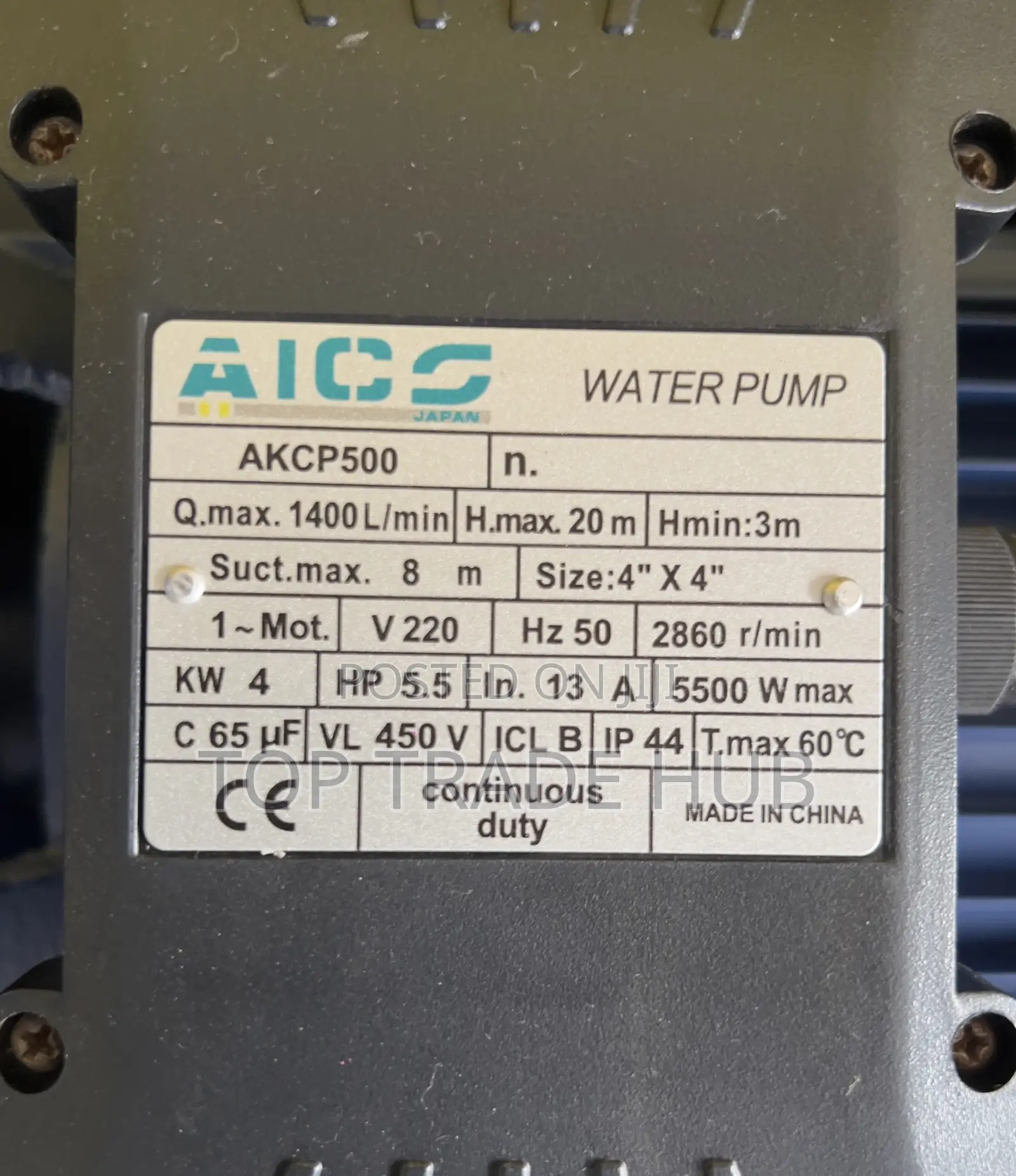 Aico Japan Booster Water Pump 5.5hp 4 Inch Outlet Inlet 20m Head