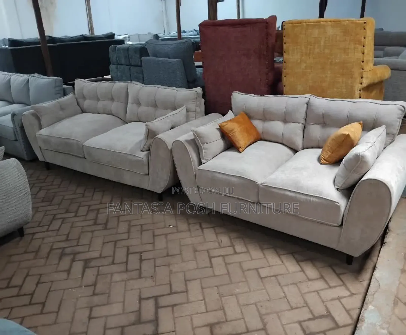 Beige Tufted 2-seater Sofa With Throw Pillows