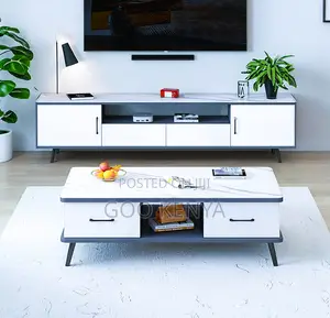 Home Tv Table Set;Tv Cabinet Set – White Gray Console With Storage