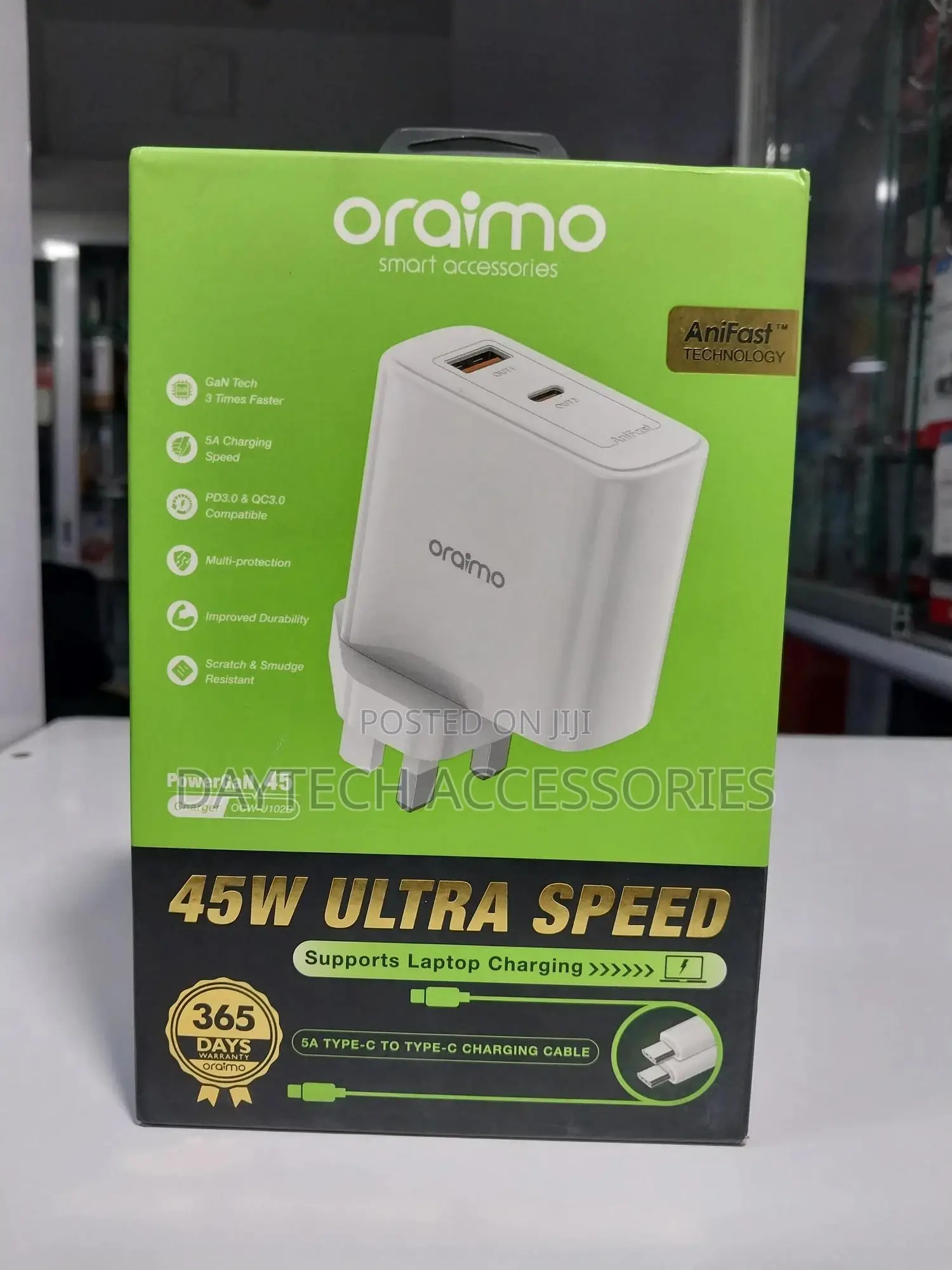 Oraimo Powergan 45w Fast Charger With Type C to Type C Charger Cable.