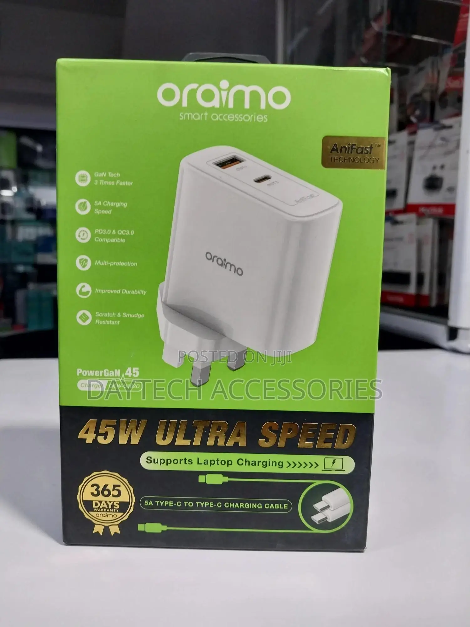 Oraimo Powergan 45w Fast Charger With Type C to Type C Charger Cable.