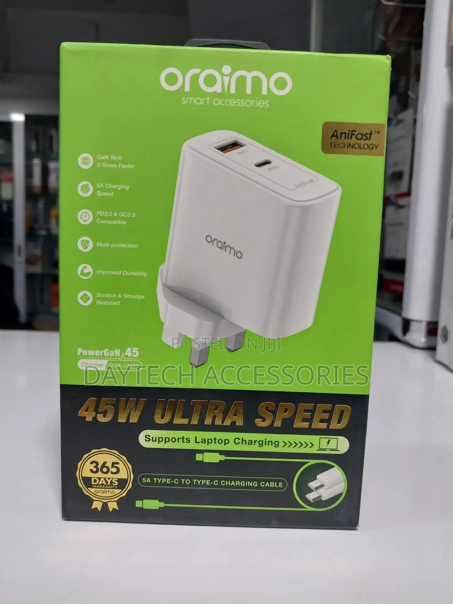 Oraimo Powergan 45w Fast Charger With Type C to Type C Charger Cable.