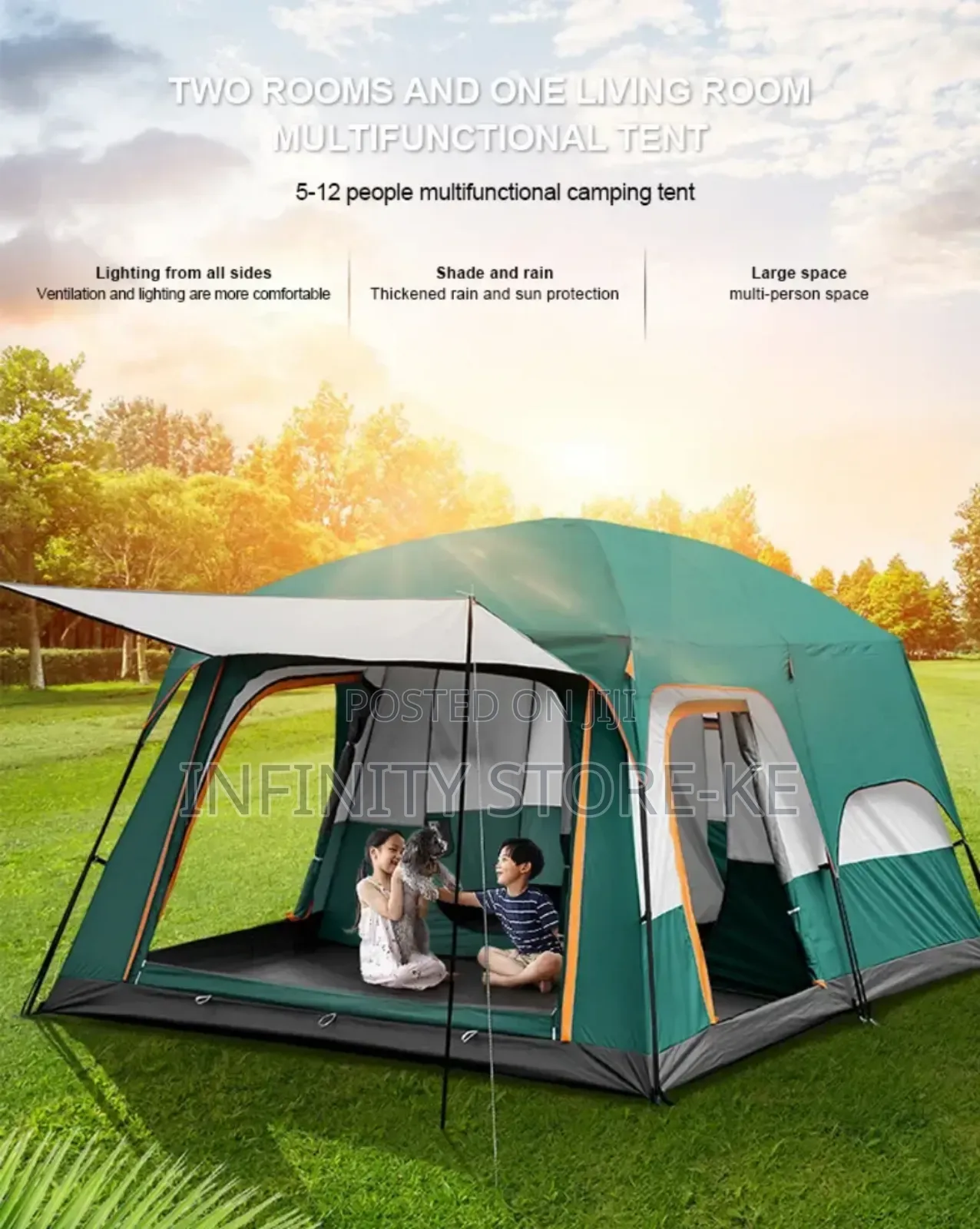 5–12 Person Large Family Camping Tent – 2 Rooms + Living Area