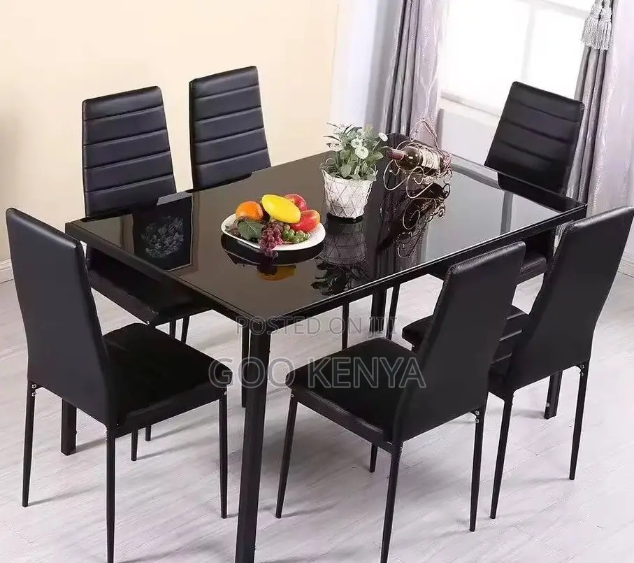 Home Dining Set; Glass Top Kitchen Dining Table With 6 Leather Chairs