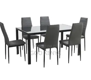 Home Dining Set; Glass Top Kitchen Dining Table With 6 Leather Chairs