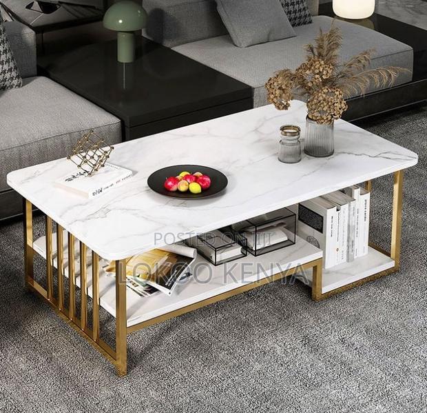 Coffee Table; Rectangular Marble Gold Frame Metal Nesting-Coffee Table