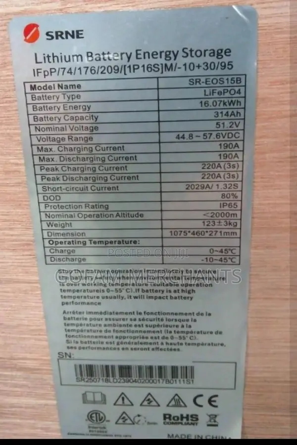 Srne 16.07kwh 51.2v Lithium Iron Battery 8000 Cycles (Eos15b) in Stock